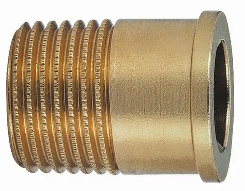 Messingener Schraubnippel mit Gewinde, verwendet in Verbindung mit Ventilgehäusen. Produkt von IMI Hydronic Engineering, flachdichtend konzipiert.